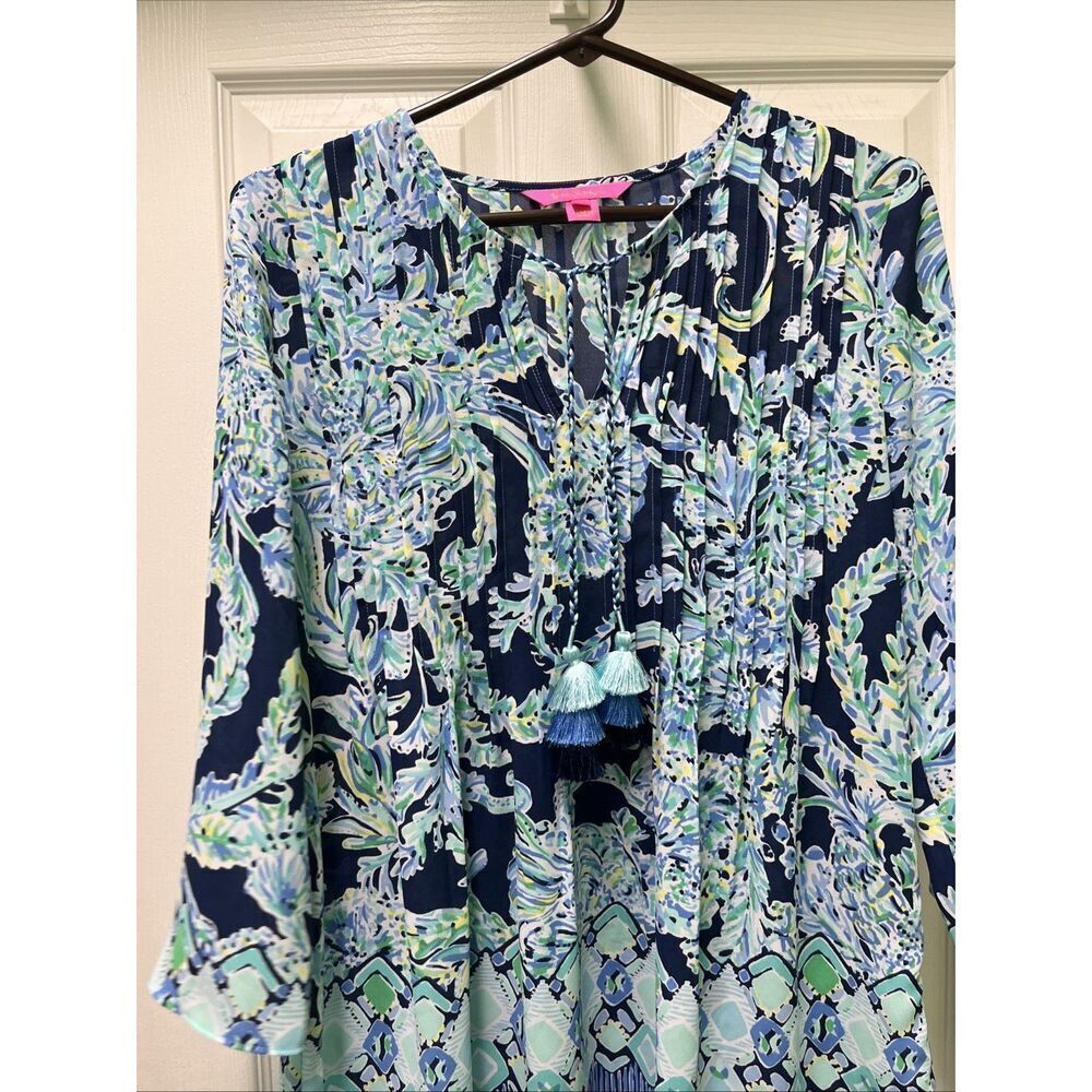 Lilly Pulitzer Women’s Floral Print 3/4 Sleeves V-Neck Tassel Blouse XS - Picture 2 of 14